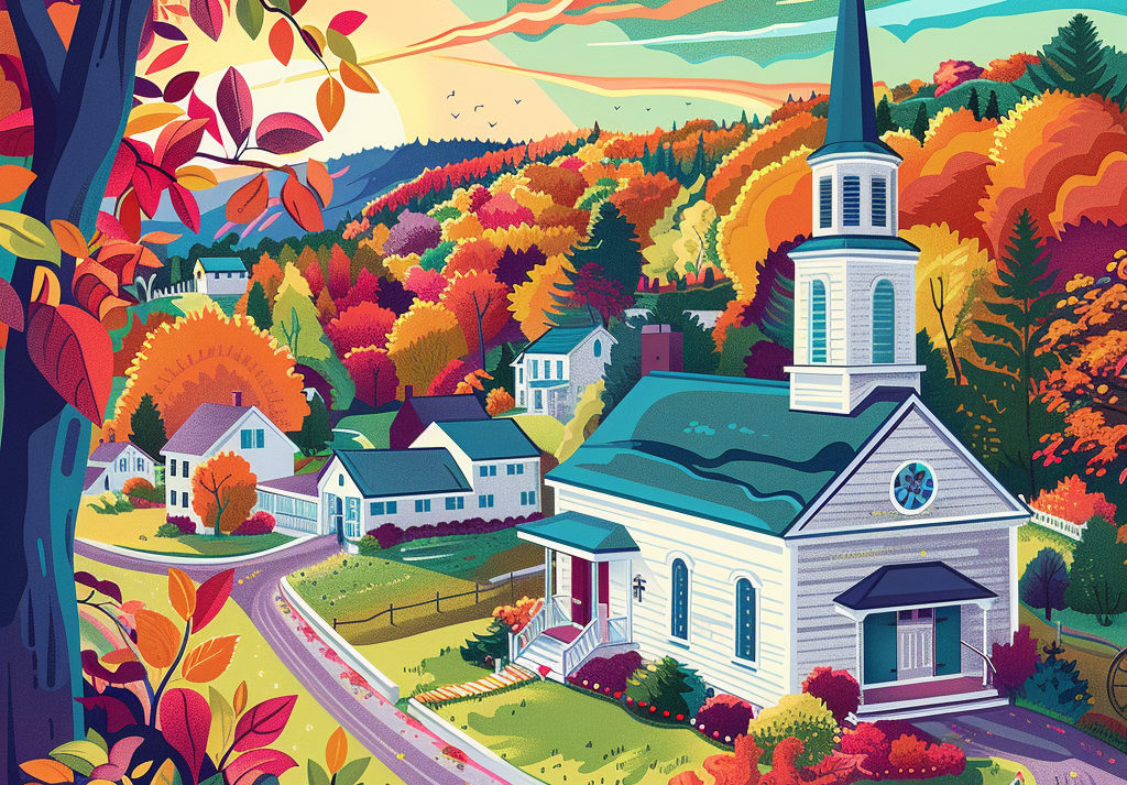  New England Church Color Illustration 500 Piece Puzzle