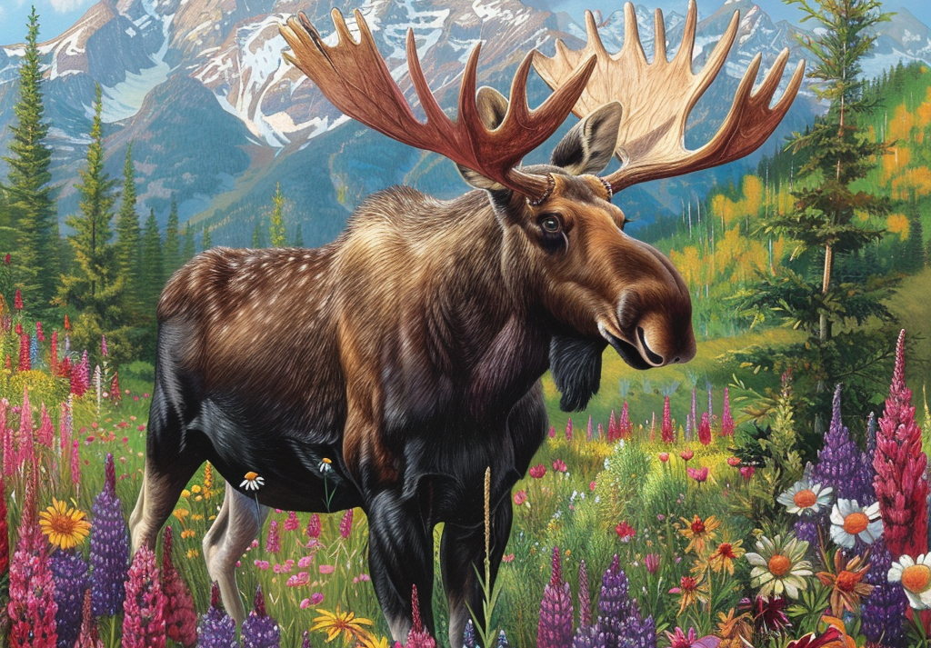  Moose in Field with Flowers 500 Piece Puzzle