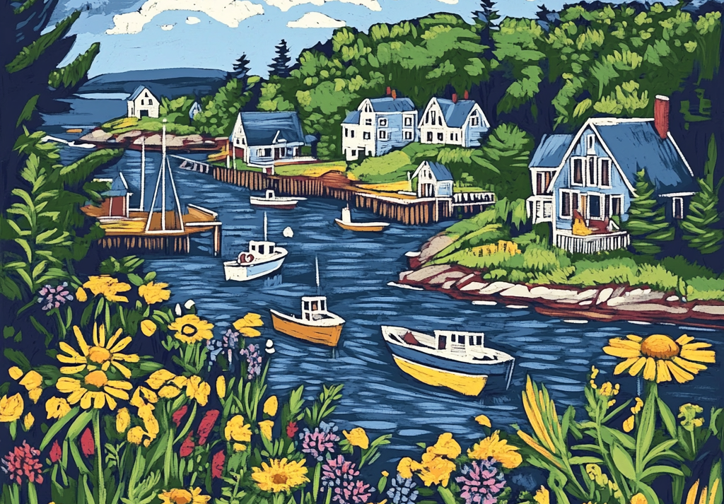  Linocut Maine Harbor 500 Piece Puzzle